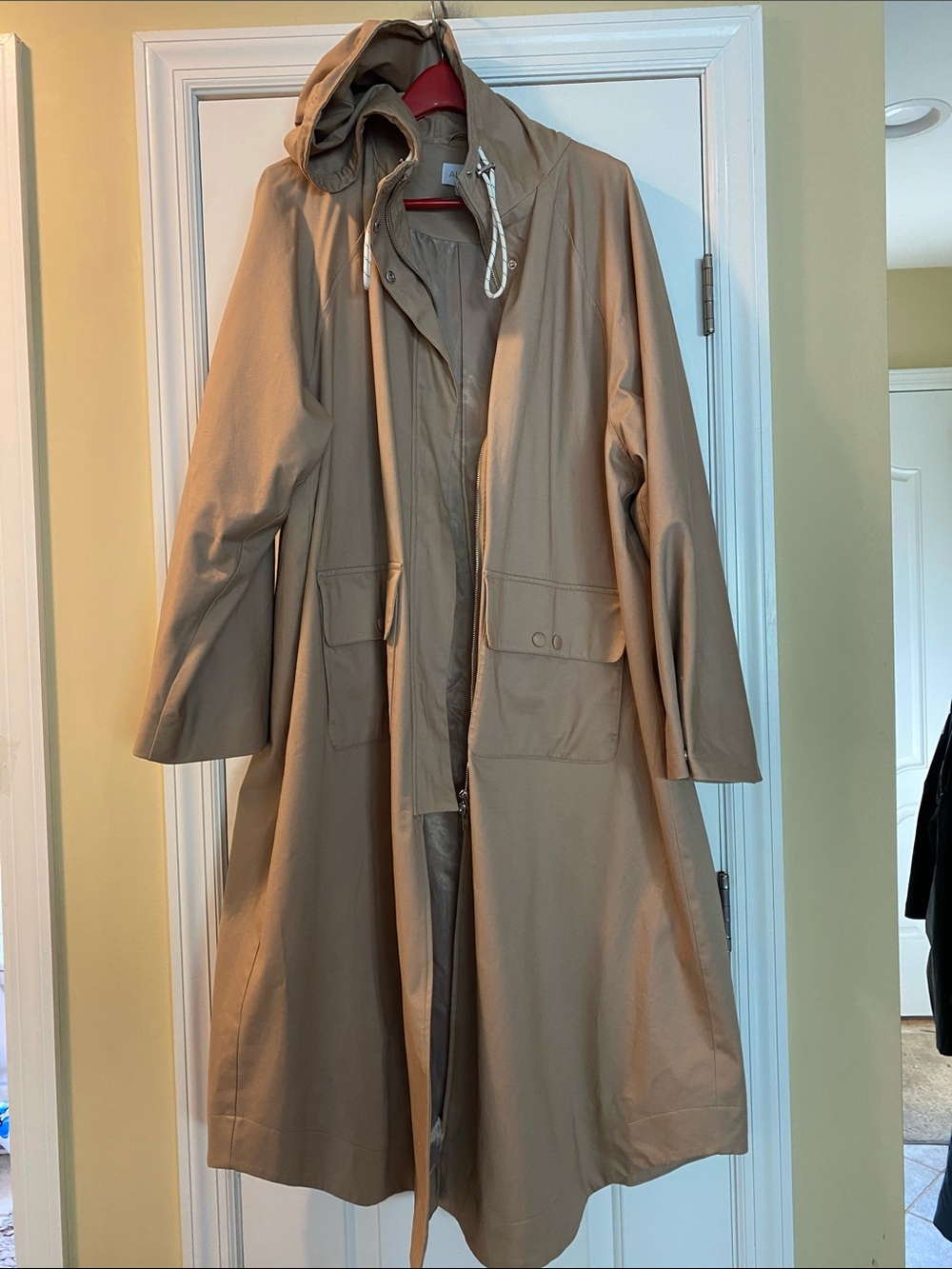 Aligne 98% Organic Cotton Long Hooded Double Zip Trench Coat NWOT